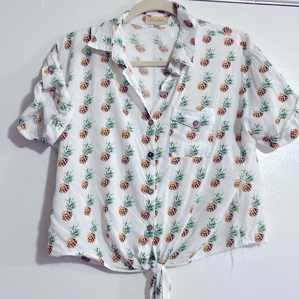 Larger Summer Pineapple Front Tie Button Up Crop Top